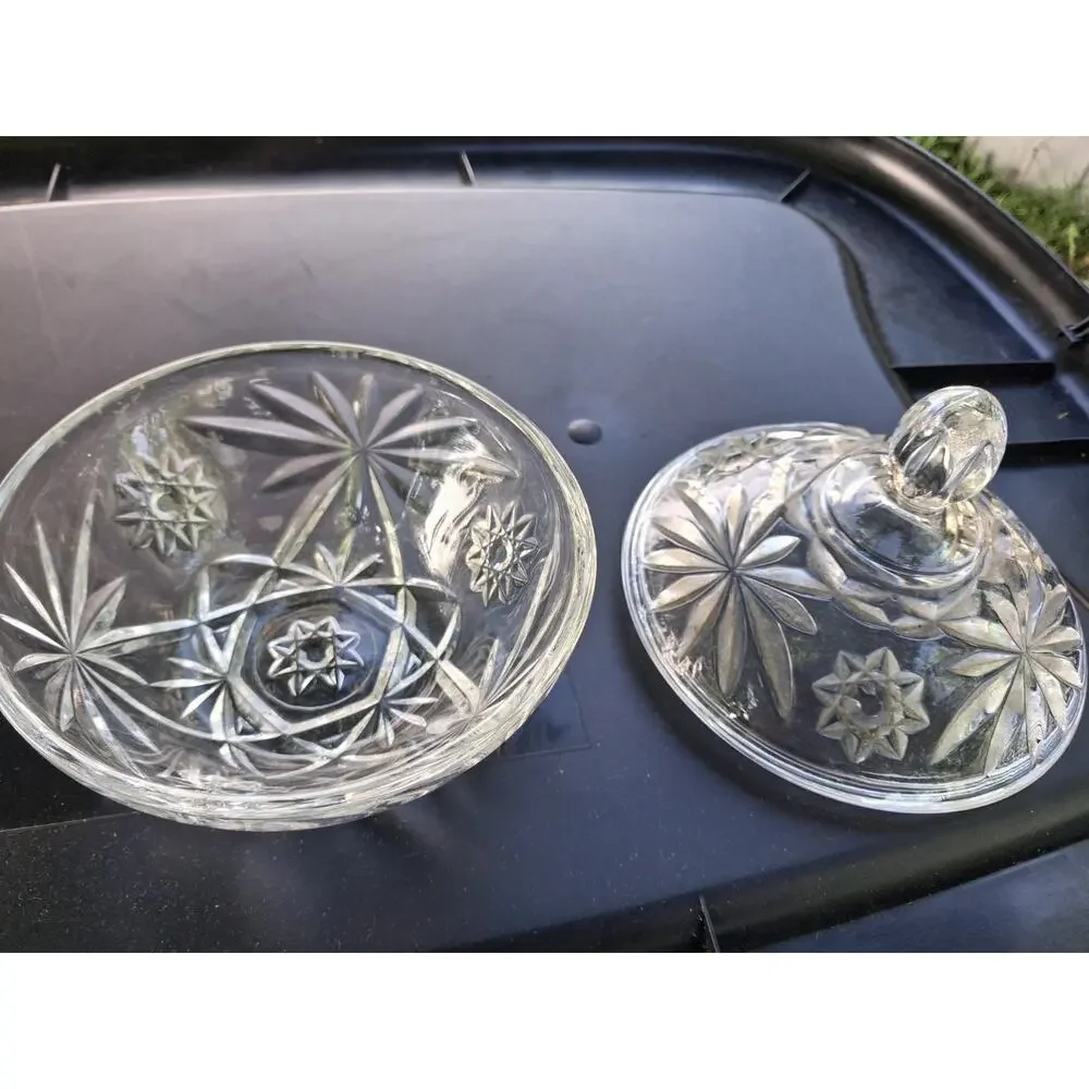 Lidded Candy Dish Anchor Hocking EAPC Prescut STAR OF DAVID Starburst & Fan